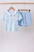Blue bunny smocked peter pan collar shorts set