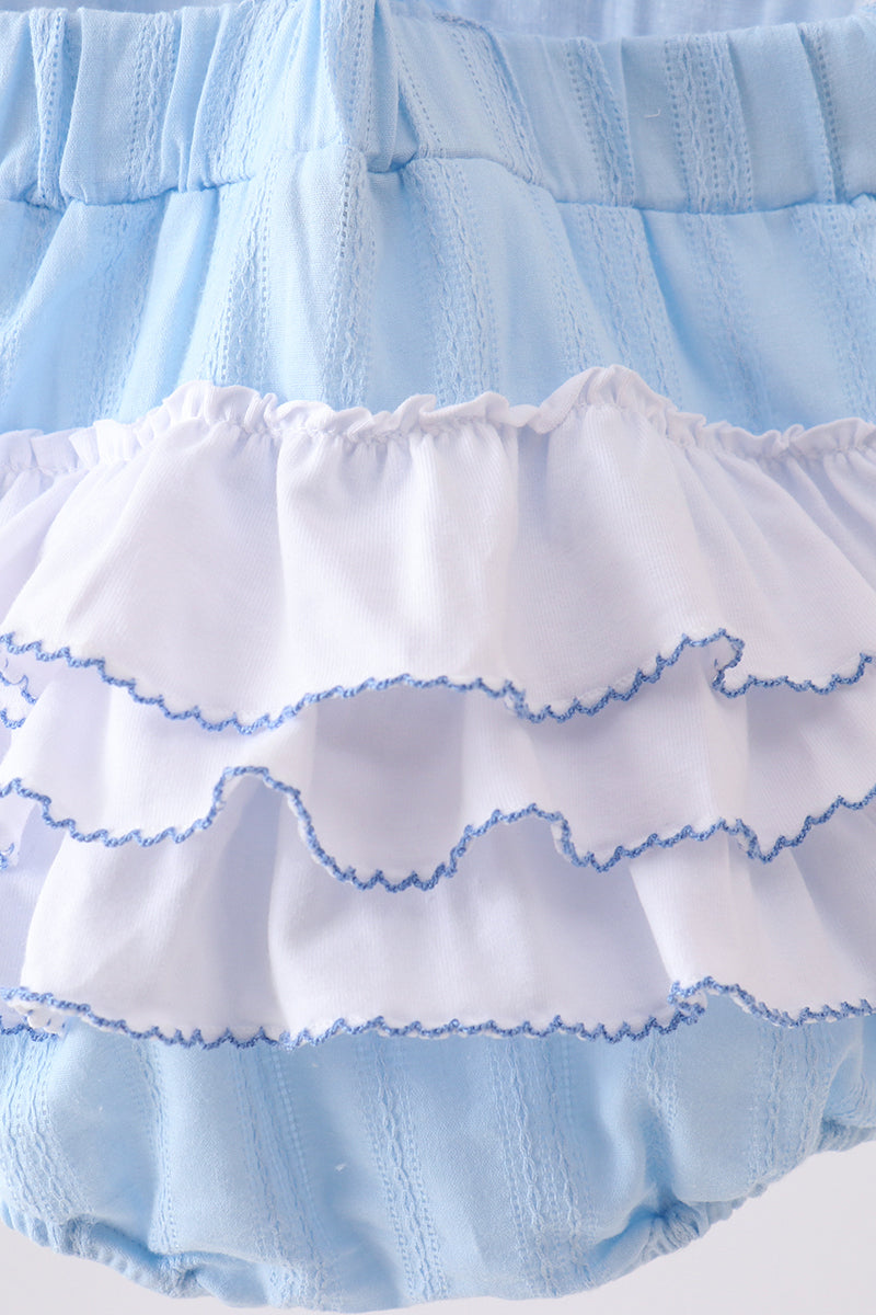 Blue Bow Smocked Embroidered Jacquard Bubble