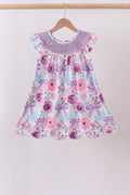 Purple Bow Embroidered Floral Scalloped Dress