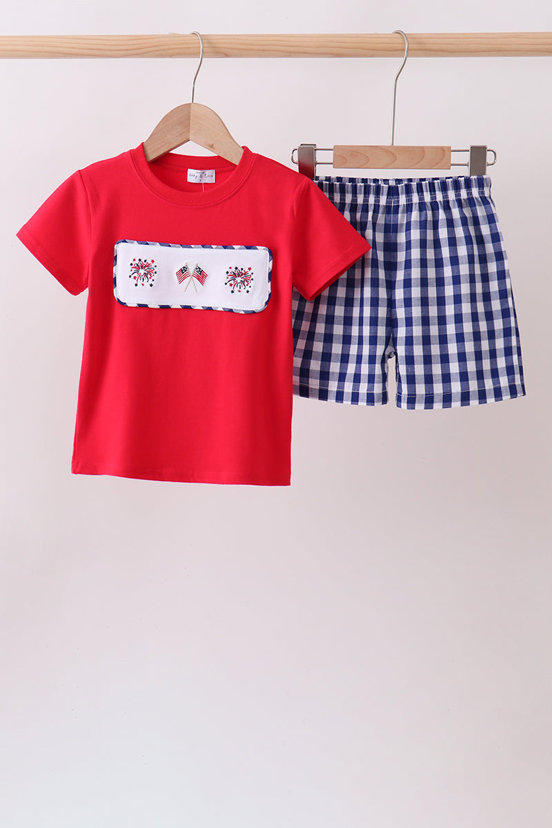 Red flag fireworks embroidery shorts set