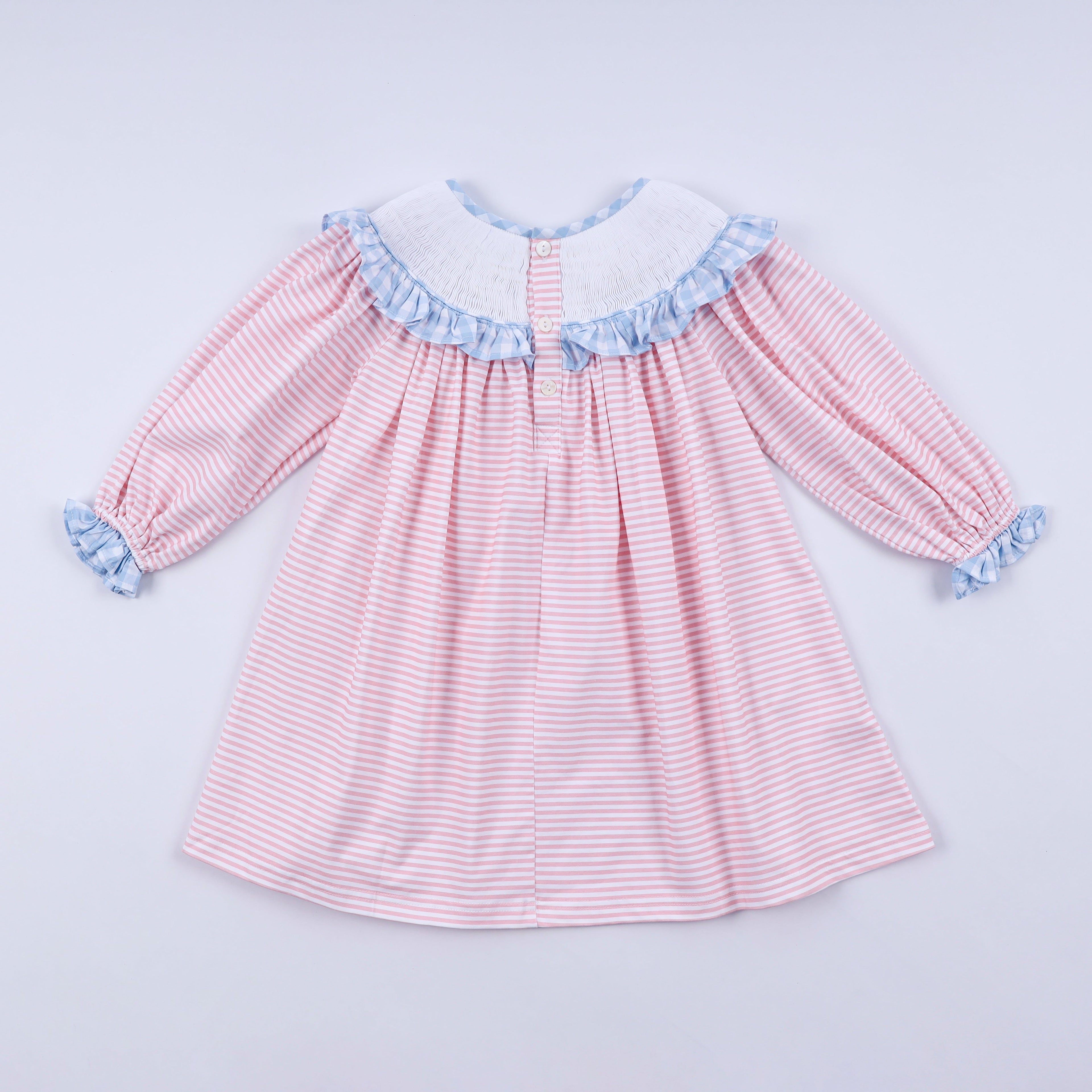 Pink candy cane bow hand smocked ruffle dress