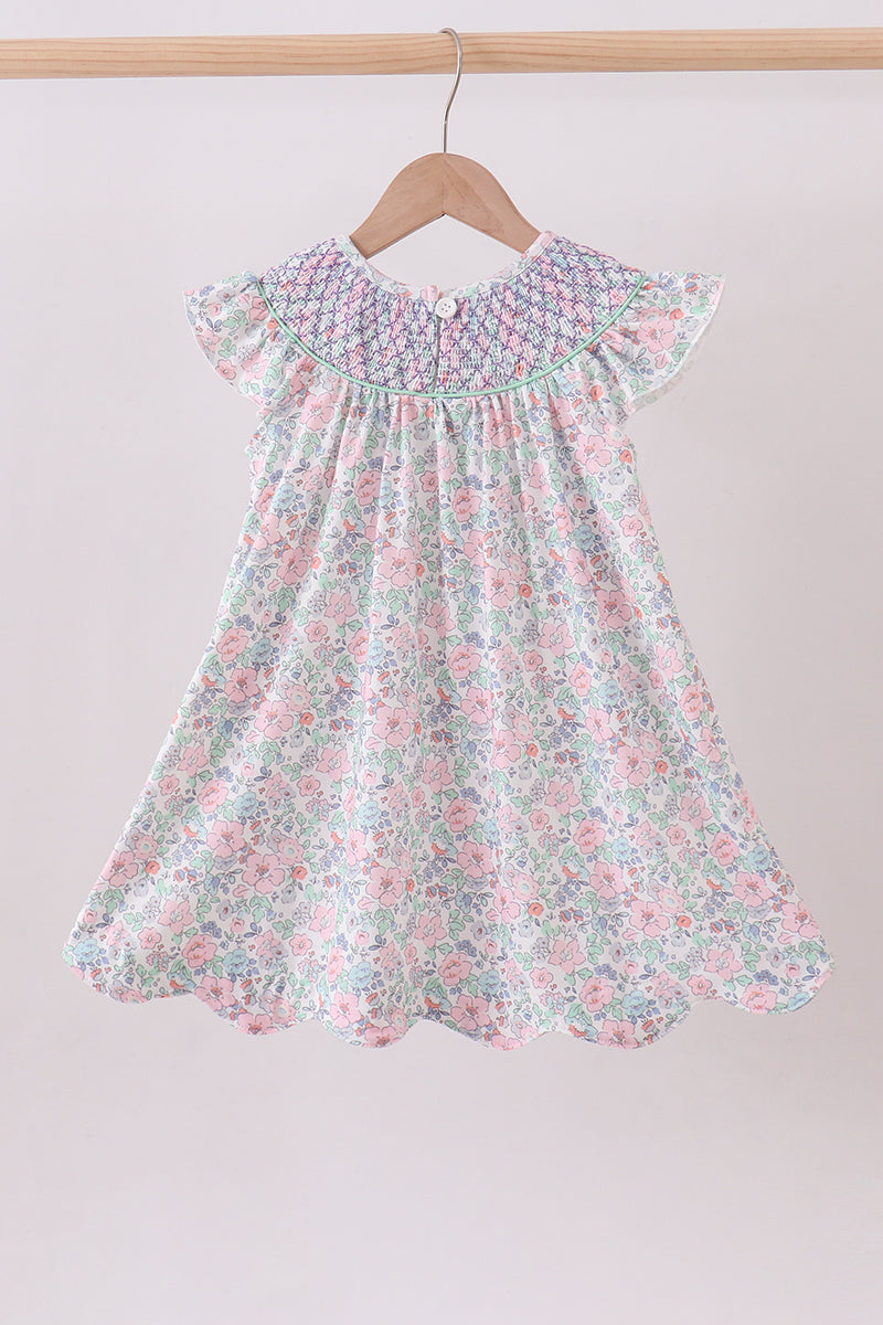 Green Floral Smocked Dress