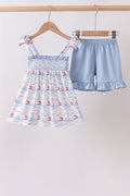 Blue Sailboat Smocked Set